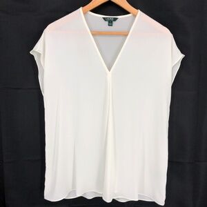 Lauren Ralph Lauren Top Size Medium White Popover Sheer V Neck Classic Oversized